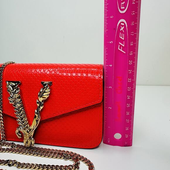 NWT Versace Virtus Gold Engraved Coral Red Leather Mini Evening Crossbody Bag - Picture 9 of 11